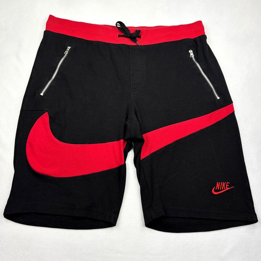 Nike Mens 3XL Big Swoosh Sweat Shorts Black Red Metal Zip Pockets Cotton Jersey